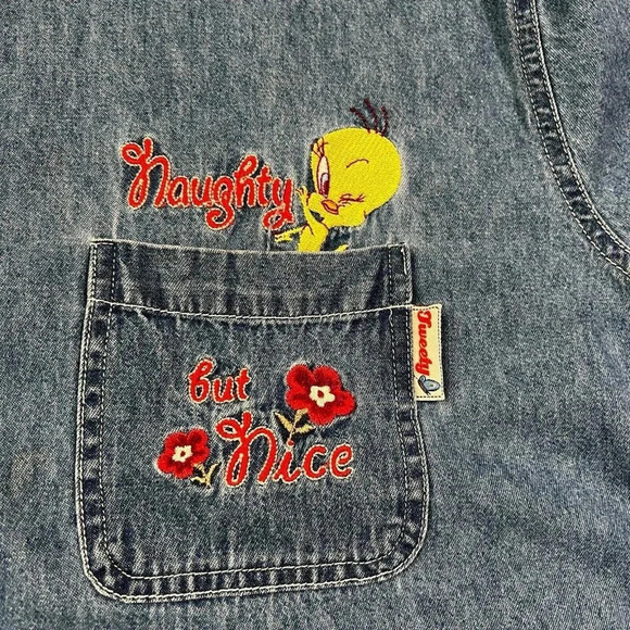 Vintage Looney Tunes Denim Jean Shirt Tweety Bird Naughty But Nice Size 26W/28W - Picture 2 of 6
